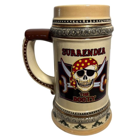 Pirate Beer Stein Surrender The Booty Mug Agiftcorp 6.25" Skull & Crossbones - Picture 1 of 8